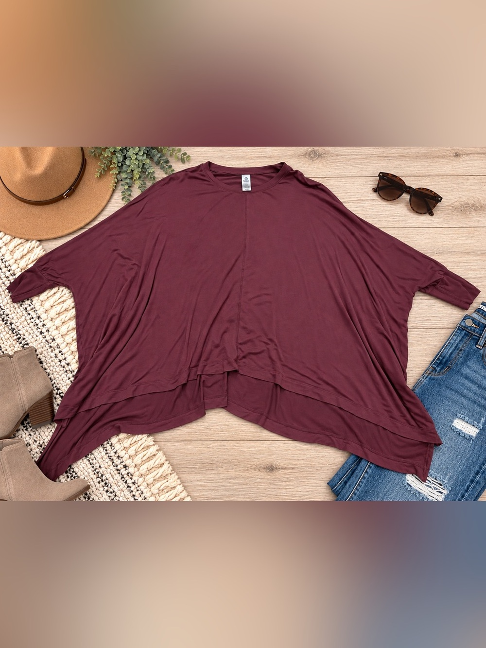 Mono B Burgundy Draped Oversized Tunic Top 1SZ Dolman Sleeve